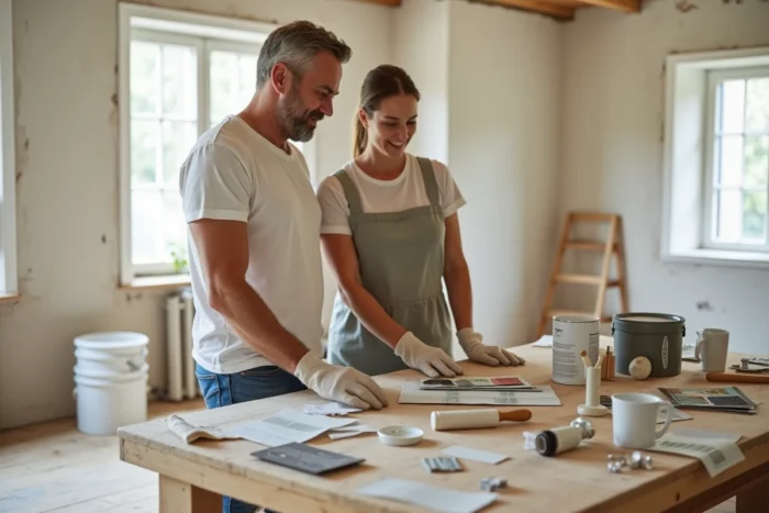 Couple choisissant des équipements de décoration intérieure sur un établi dans un atelier de bricolage à domicile