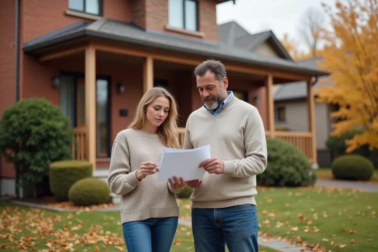 Couple français devant une maison canadienne en brique rouge à vendre en automne, tenant des documents immobiliers