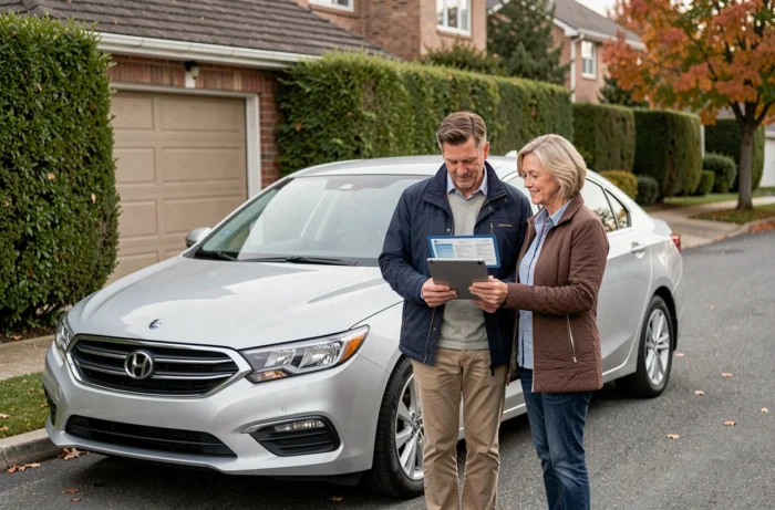 Couple consultant les documents d'assurance auto en ligne sur une tablette devant leur véhicule dans une allée résidentielle