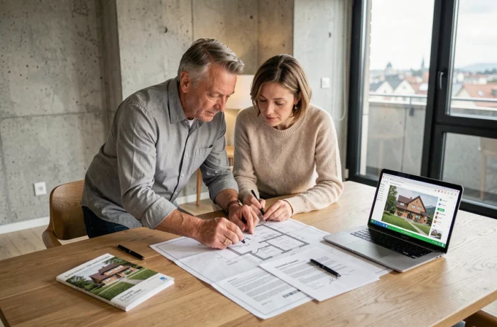 Couple suisse étudiant des plans immobiliers et un contrat dans un appartement moderne à Genève