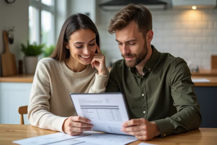 Couple examinant ensemble leur contrat de mutuelle santé et des données numériques sur une tablette dans une cuisine moderne