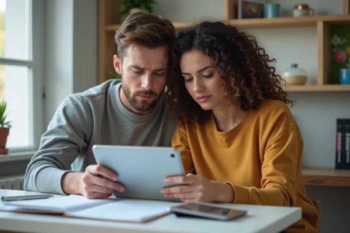 Couple consultant un simulateur de coût de crèche sur une tablette dans un bureau à domicile