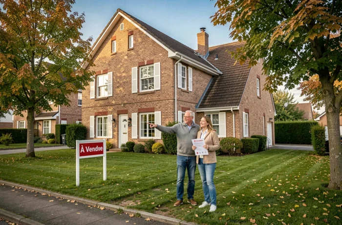 Couple devant une maison à vendre avec panneau immobilier dans un quartier résidentiel