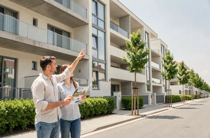 Couple de futurs acquéreurs examinant une résidence neuve dans un quartier résidentiel moderne en banlieue