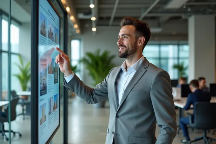 Courtier immobilier présentant des annonces en ligne sur un écran interactif dans un espace de coworking moderne