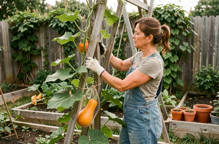 Jardinière formant une courge butternut en hauteur sur un treillis en bois dans un potager d'arrière-cour en été