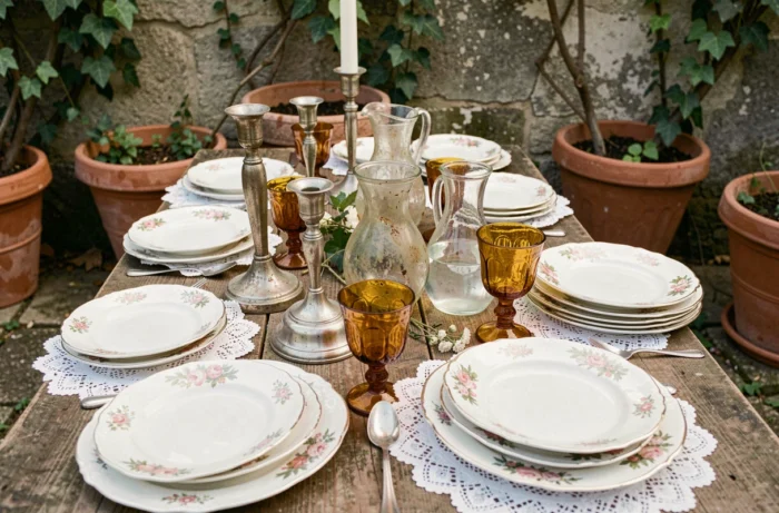 Table de mariage décorée avec de la vaisselle chinée en brocante : assiettes dépareillées, chandeliers en argent terni et verres anciens