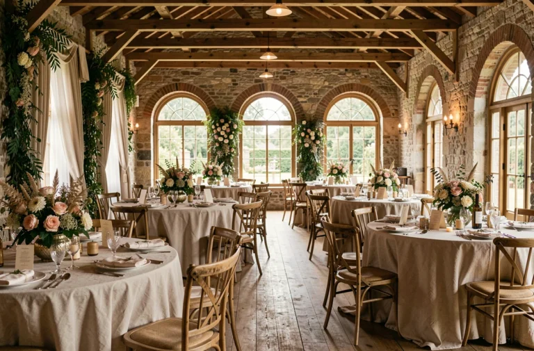 Vue grand angle d'une salle de mariage décorée avec des éléments variés : fleurs, vaisselle vintage, verdure et papeterie artisanale