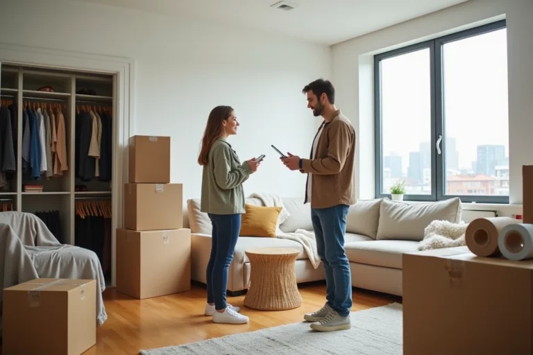 Couple en train de préparer un déménagement dans un appartement entouré de cartons étiquetés et d'affaires emballées