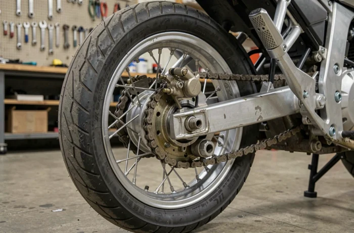 Détail mécanique du double essieu arrière d'une moto trois-roues dans un atelier de réparation moto