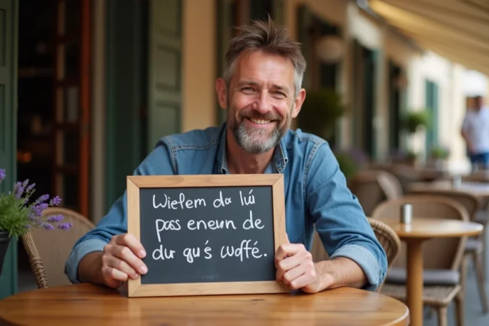 Homme souriant tenant un tableau noir avec un proverbe français humoristiquement détourné, assis à une terrasse de café