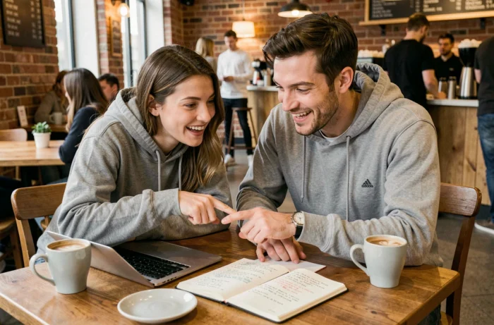 Deux créateurs de contenu collaborant sur une stratégie YouTube dans un café avec un ordinateur portable et des notes de planification