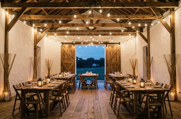 Salle de mariage avec éclairage basse consommation : guirlandes d'ampoules Edison et lanternes bougies sur les tables dans une grange rénovée
