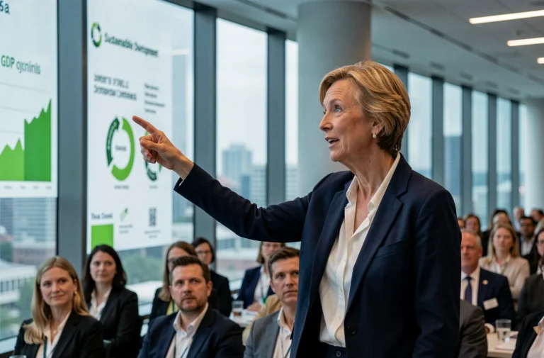Économiste présentant des graphiques de croissance durable lors d'une conférence internationale sur le développement économique
