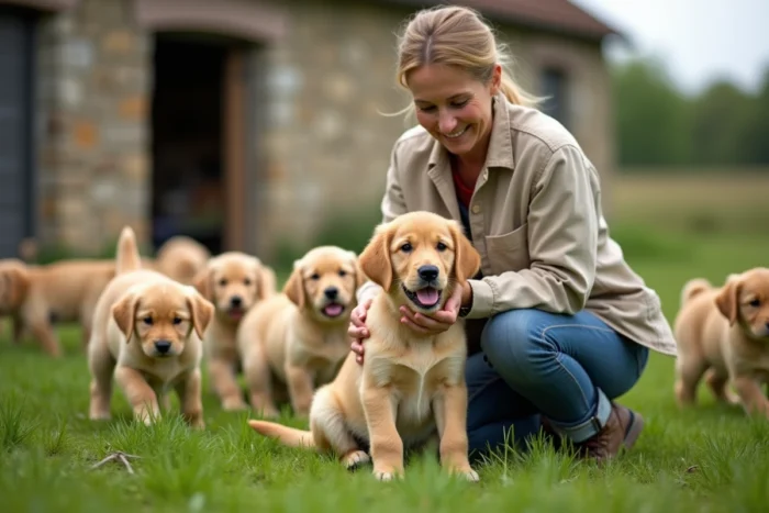 Éleveuse professionnelle tenant un chiot Golden Retriever dans un élevage en Franche-Comté entouré de chiots dans l'herbe