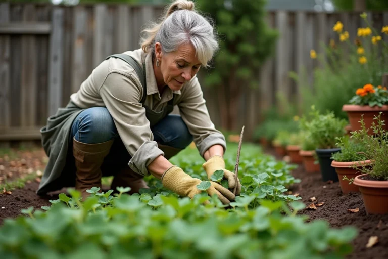 Femme de jardinage arrachant des plants d'oxalis envahissants à la main dans un parterre de jardin résidentiel