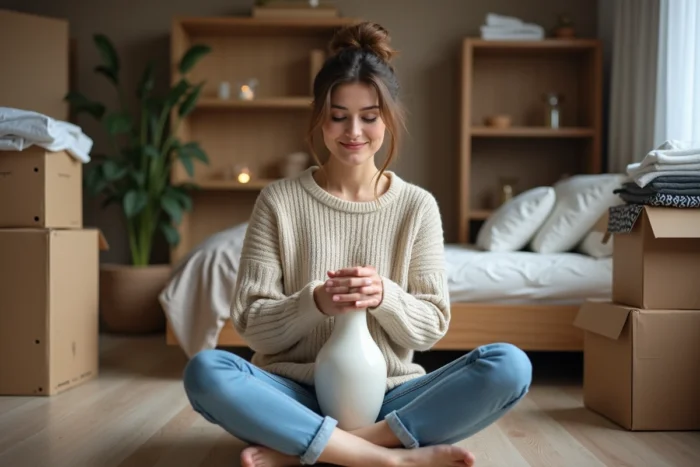 Femme emballant un objet fragile avec un vêtement en tissu plutôt que du papier bulle pour le protéger lors du déménagement