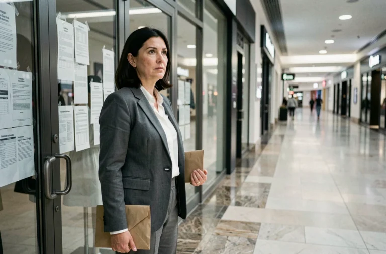 Employée devant un magasin Zara fermé tenant une enveloppe, symbolisant la perte d'emploi suite à la fermeture de l'enseigne