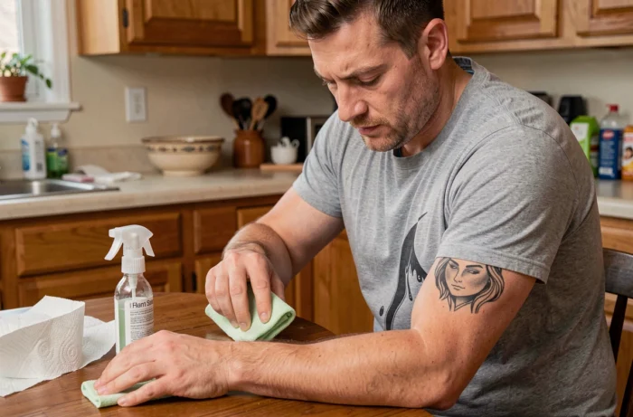 Homme appliquant du savon vert sur un stencil de tatouage sur le bras dans une cuisine