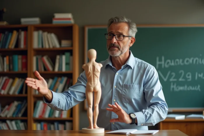Enseignant en anatomie présentant un modèle 3D du corps humain dans une salle de cours universitaire