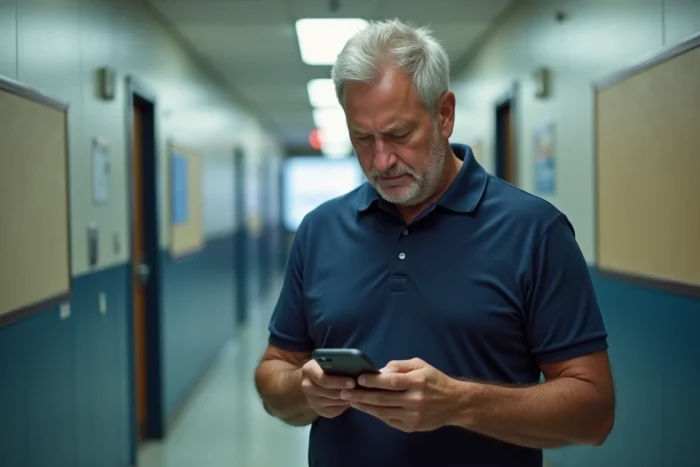 Enseignant tentant de se connecter au portail Arena sur son smartphone dans un couloir scolaire