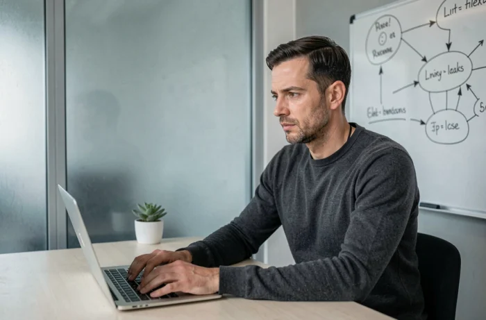 Entrepreneur concentré travaillant seul sur sa stratégie d'entreprise dans un bureau épuré avec des outils numériques innovants