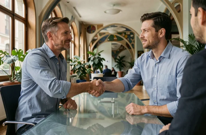 Deux entrepreneurs belges concluant un partenariat commercial dans une salle de réunion moderne