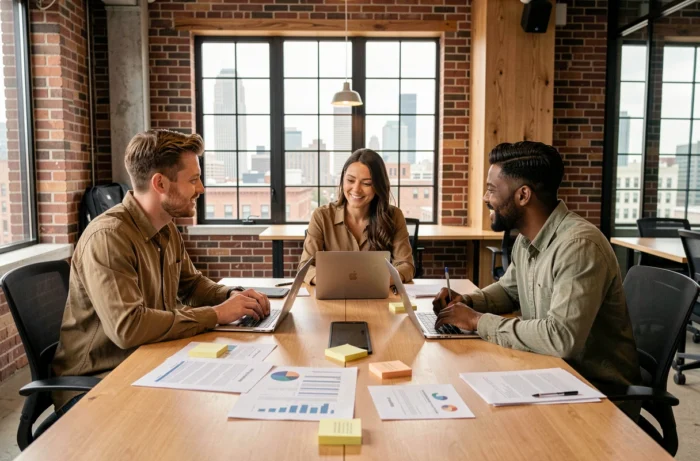 Équipe de professionnels collaborant autour d'une table de réunion dans un espace de coworking moderne pour développer leur entreprise