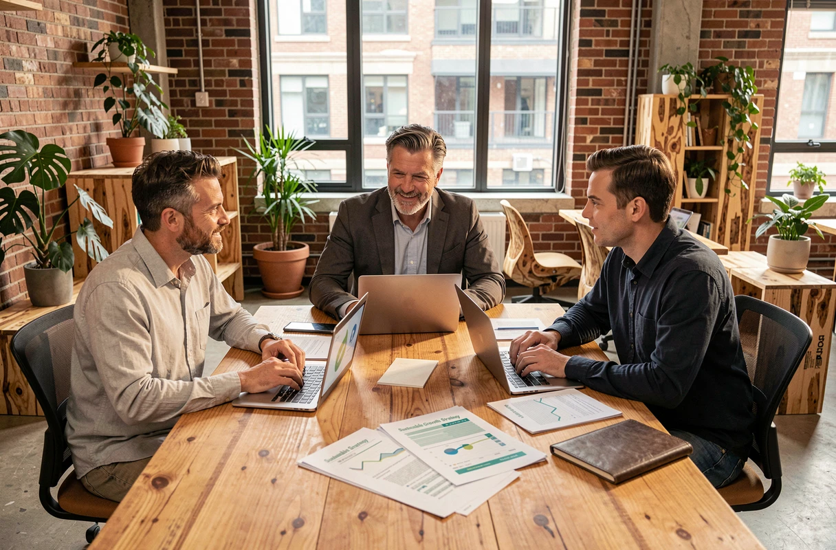 Équipe de professionnels analysant une stratégie de croissance durable autour d'une table dans un espace de coworking moderne