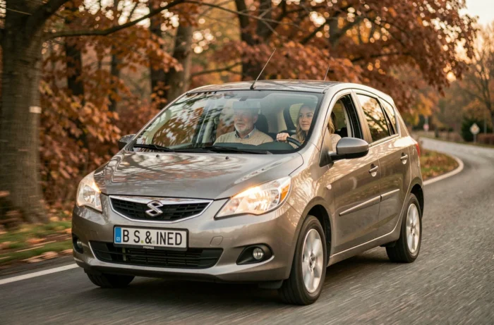 Couple effectuant un essai routier d'une voiture d'occasion sur une route de campagne en automne