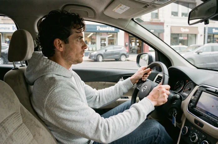 Jeune homme effectuant un essai routier dans une voiture d'occasion en milieu urbain