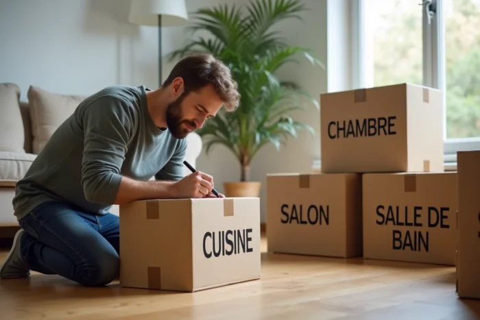Homme étiquetant des cartons de déménagement avec le nom des pièces de destination plutôt que leur contenu