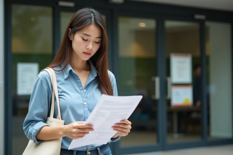 Étudiante en alternance consultant un formulaire administratif devant un bâtiment universitaire