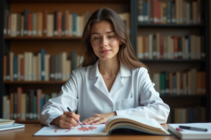 Étudiante en médecine étudiant les parties du corps humain dans un manuel anatomique illustré en bibliothèque