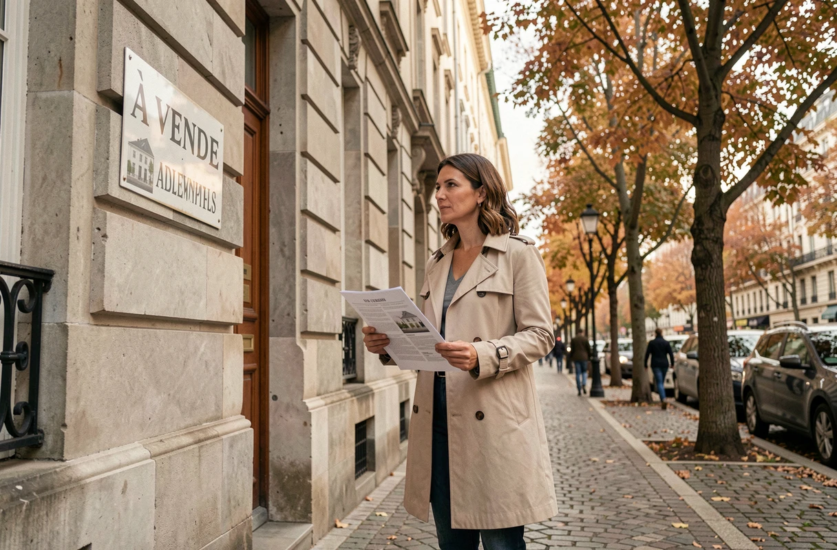 Femme évaluant un immeuble résidentiel à vendre dans une rue urbaine en automne