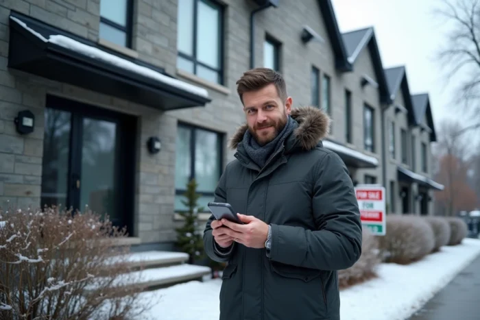 Expatrié français consultant une application immobilière devant un duplex à vendre à Montréal en hiver