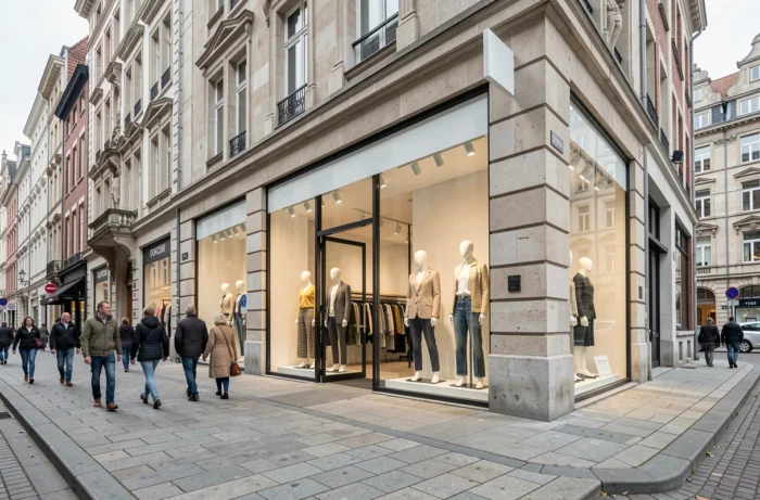 Devanture d'une boutique de mode tendance dans une rue commerçante animée de Bruxelles avec des passants
