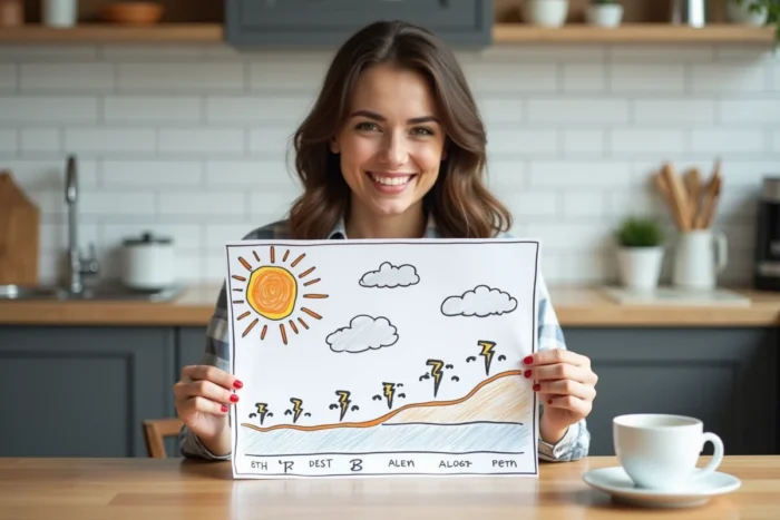 Jeune femme tenant un faux bulletin météo personnalisé dessiné à la main avec des icônes soleil et nuages exagérés