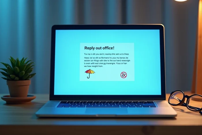 Écran d'ordinateur affichant un message de réponse automatique humoristique avec des instructions pour le destinataire