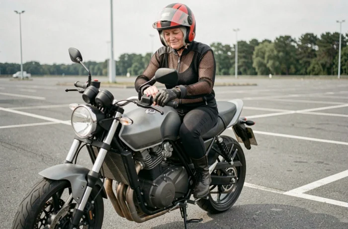 Femme de 60 ans souriante en équipement moto assise sur une moto dans un parking, prête à reprendre la conduite