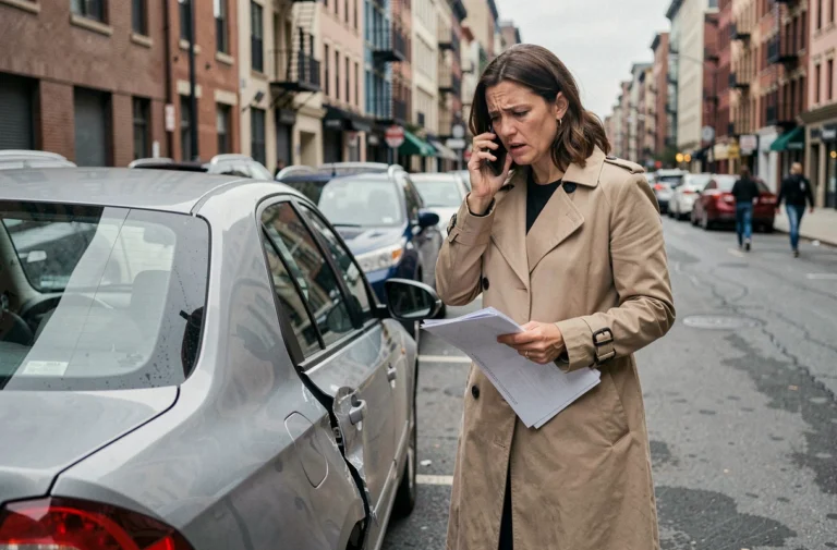 Femme examinant les dégâts sur sa voiture après un accident non responsable en ville, tenant des documents d'assurance