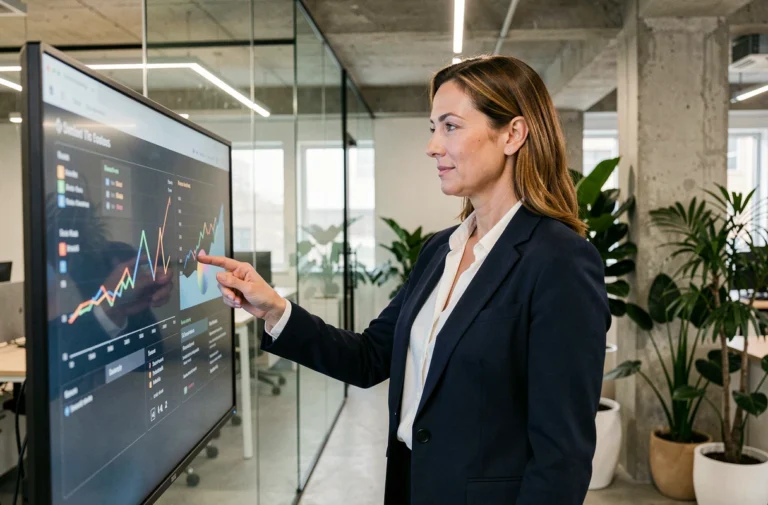 Femme d'affaires consultant un tableau de bord numérique dans un bureau moderne pour accompagner la croissance de son entreprise
