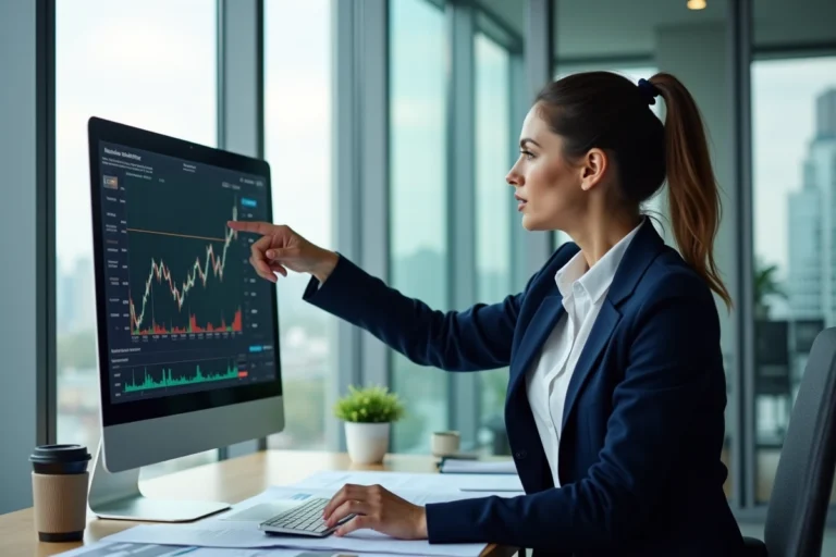 Femme professionnelle analysant des graphiques financiers sur un écran d'ordinateur dans un bureau moderne en 2024