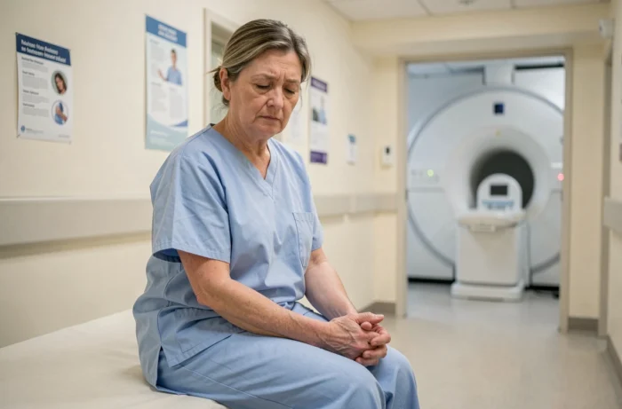 Femme d'âge moyen en blouse médicale assise en salle d'attente avant une IRM ouverte, expression d'anxiété apaisée