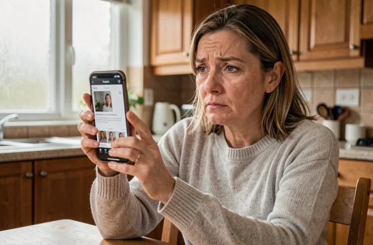 Femme regardant un appel inconnu sur son smartphone avec une expression méfiante dans une cuisine moderne