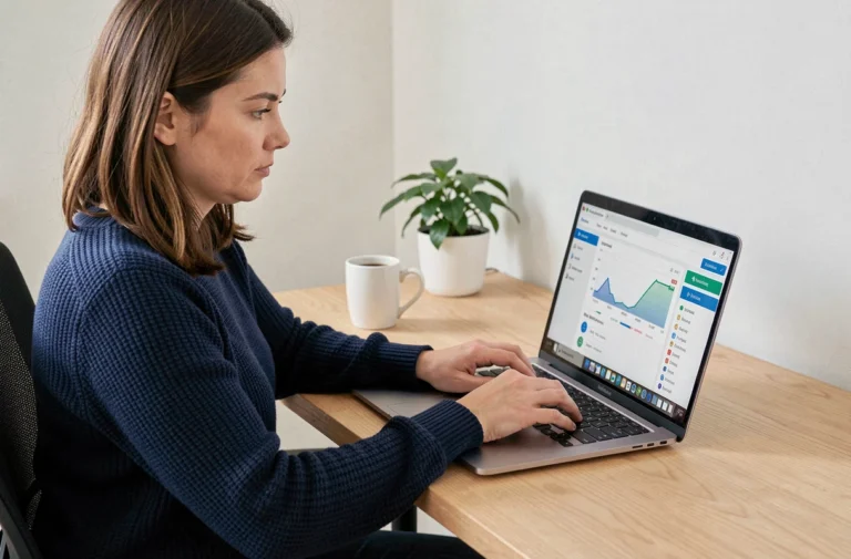 Femme utilisant un ordinateur portable avec un tableau de bord de sécurité pour appliquer les bonnes pratiques Gadrov en 2026