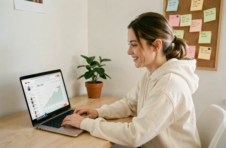 Jeune femme souriante devant un ordinateur affichant des statistiques YouTube avec un compteur d'abonnés en hausse dans un bureau à domicile moderne