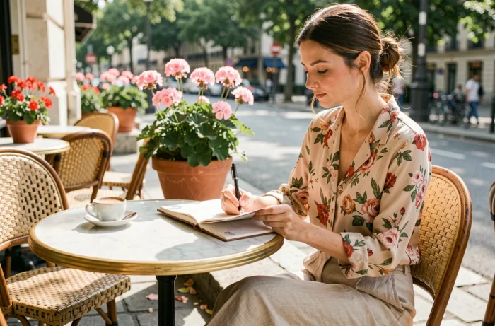 Femme écrivant dans un journal sur une terrasse de café parisienne, moment d'inspiration et d'évasion urbaine