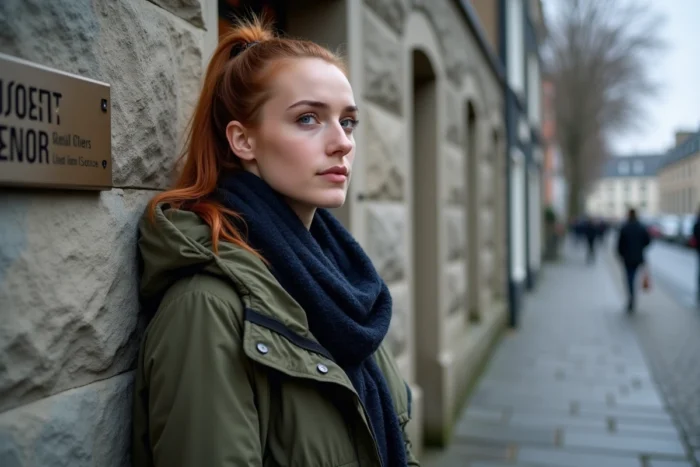 Une femme devant un centre d'accompagnement aux addictions dans une rue bretonne en hiver