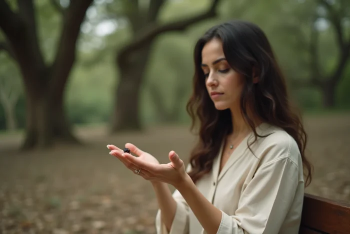 Femme tenant une coccinelle noire à points rouges dans sa main ouverte, connexion spirituelle avec la nature en forêt